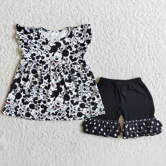 C2-10 M Cartoon Black Dots Girls Short Sleeve Shorts Outfits