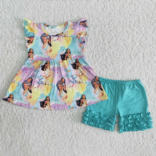 B4-2 Blue Cartoon Princess Girls Short Sleeve Shorts Outfits