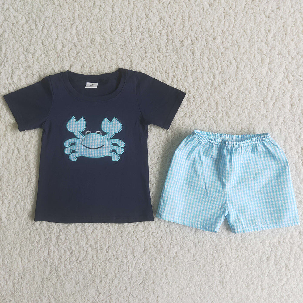 A16-14 Navy Blue Plaid Crab Embroidery Boys Short Sleeve Shorts Outfits