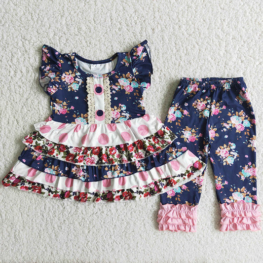 Summer Floral Print Flutter Sleeve Pink Ruffles Pant Set