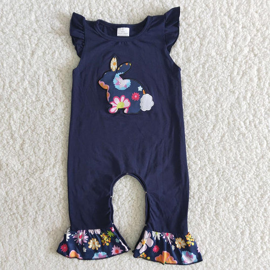 B8-11 Embroidery Easter Rabbits Floral Blue Girls Short Sleeve Romper