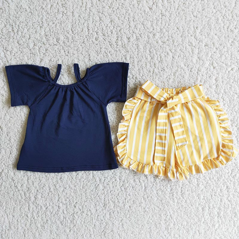 D4-28 Blue Navy Solid Yellow Striped Girls Short Sleeve Shorts Outfits