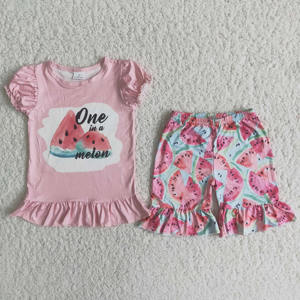 C1-23 Pink Bleach Style Watermelon Summer Girls Short Sleeve Shorts Outfits