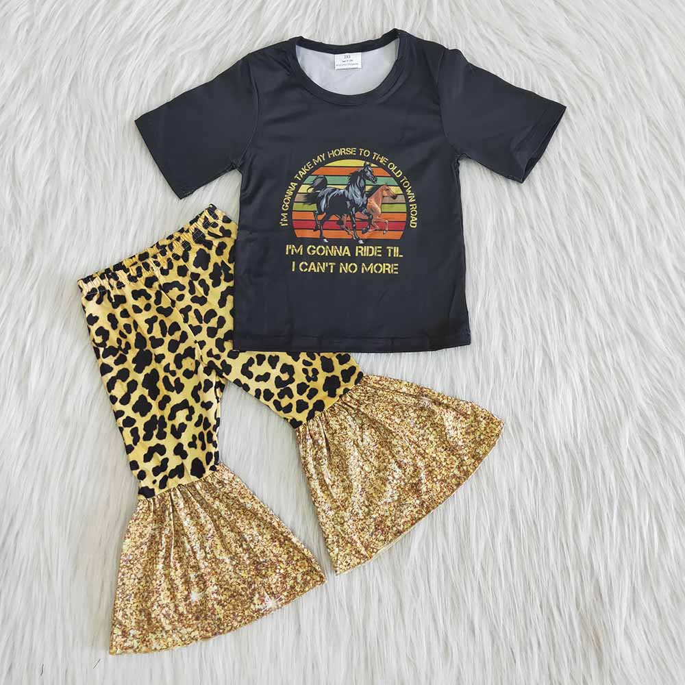 Clearance  A13-14-1 Black Short Sleeve Leopard Print Girls Outfits