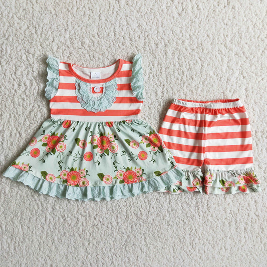 A17-3 Red Striped Floral Print Girls Short Sleeve Shorts Outfits