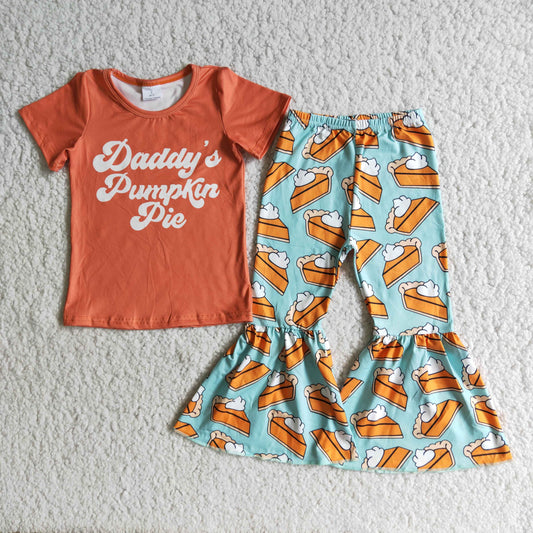 E4-28 Halloween Fall Daddy's Pumpkin Pie Orange Blue Girls Short Sleeve Bell Bottom Pants Outfits