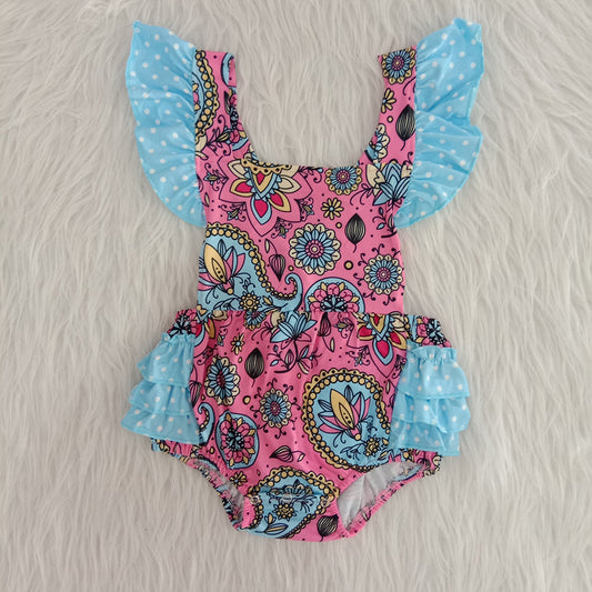 B9-4 Blue Dots Baby Girls Pink Floral Print Girls Short Sleeve Romper