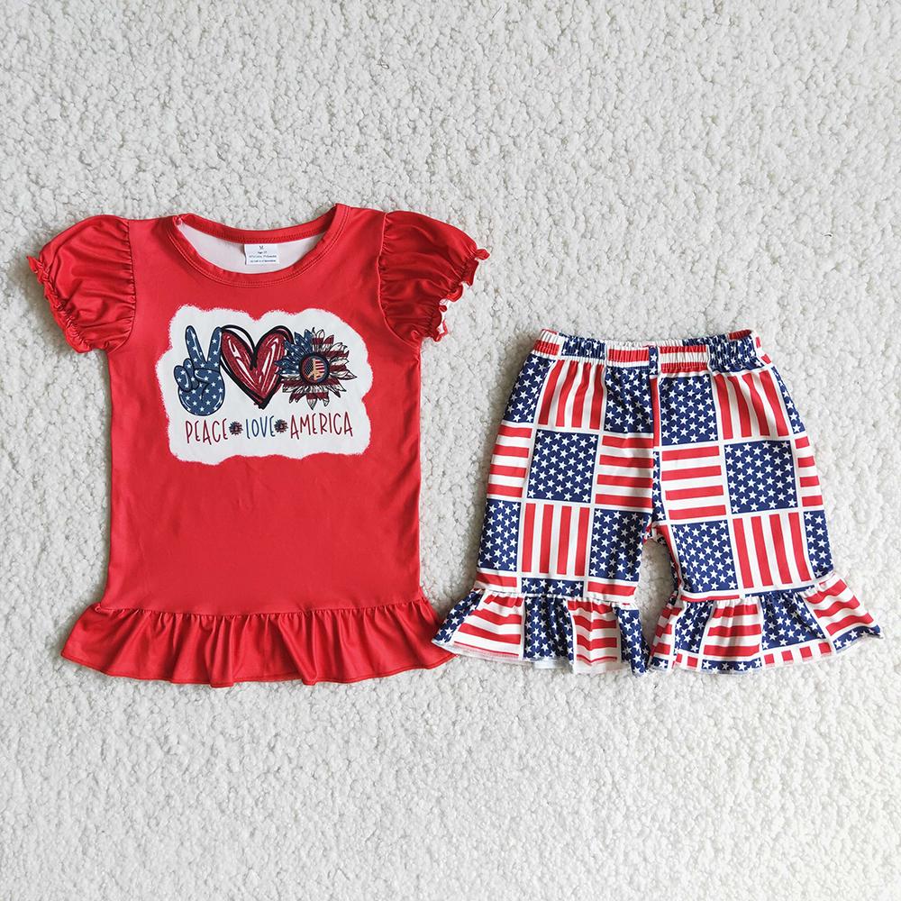 D12-15 4th Of July Red  Peace Love Girls Short Sleeve Shorts Outfits