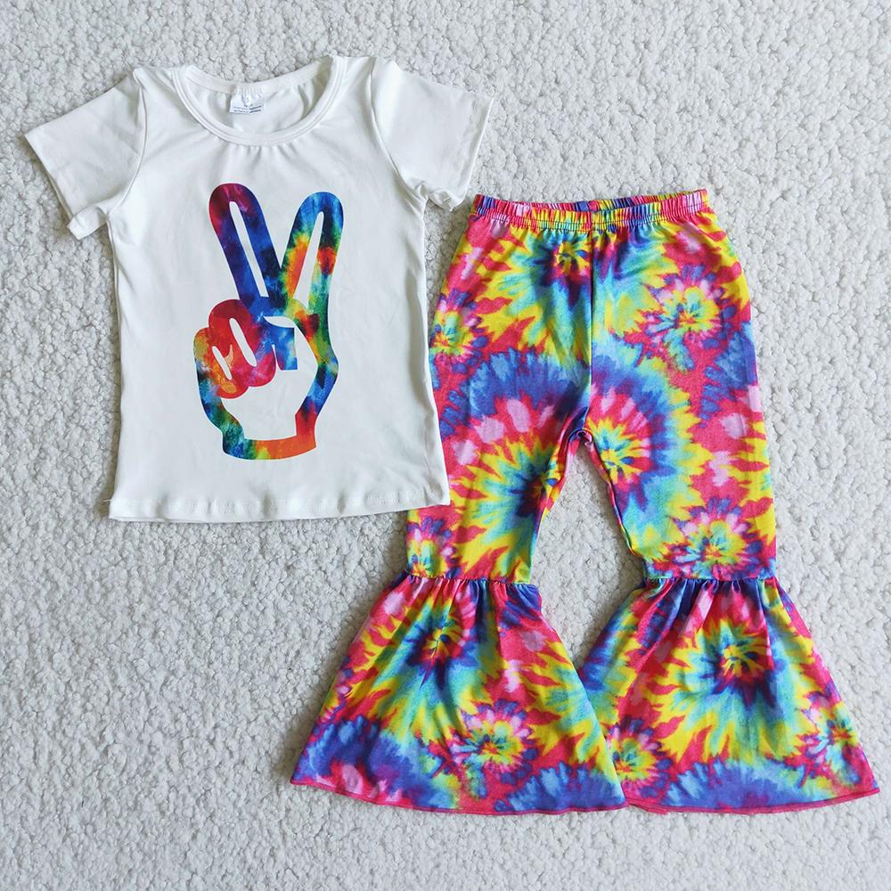 Clearance Aa-2 Red Tie Dye Girls Short Sleeve Bell Bottom Pants Outfits