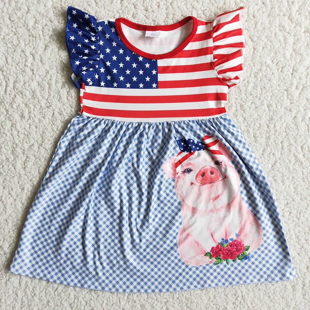 4th Of July Pig Flutter Sleeve Pig Girls Dress