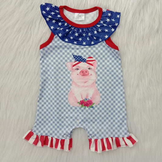 A6-2 4th Of July Blue Red Pig Girls Short Sleeve Romper