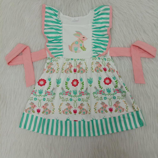 D7-2 Easter Rabbits Pink Green Striped Print Belt Girls Flutter Sleeve Dresses