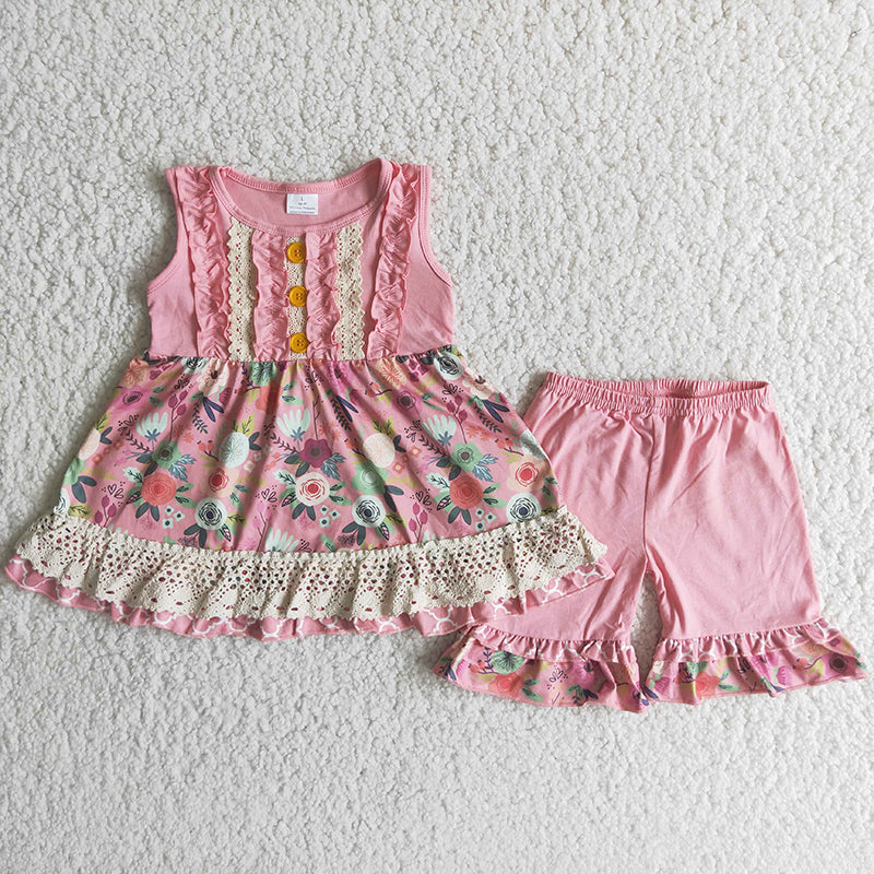 C2-3 Pink Floral Lace Girls Sleeveless Shorts Outfits