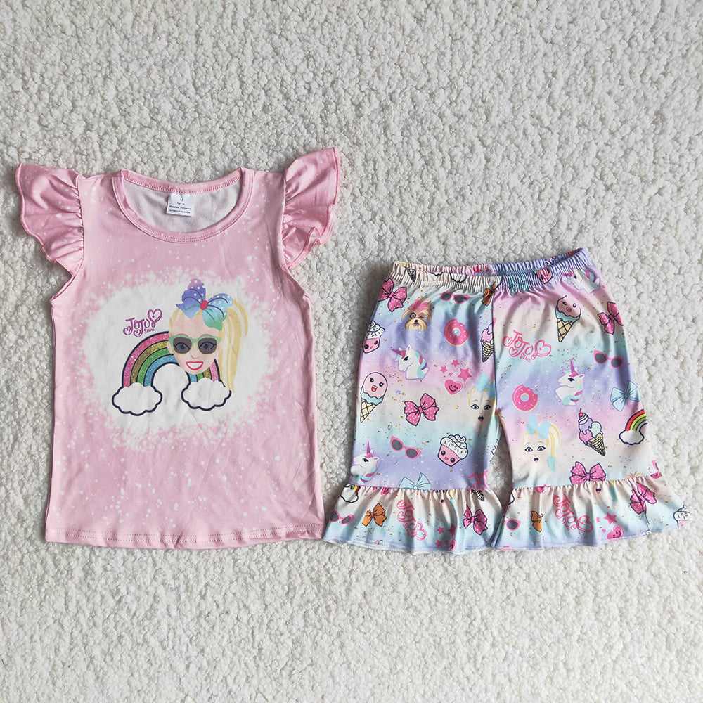 C14-18 Pink Cartoon Rainbow Girls Short Sleeve Shorts Outfits