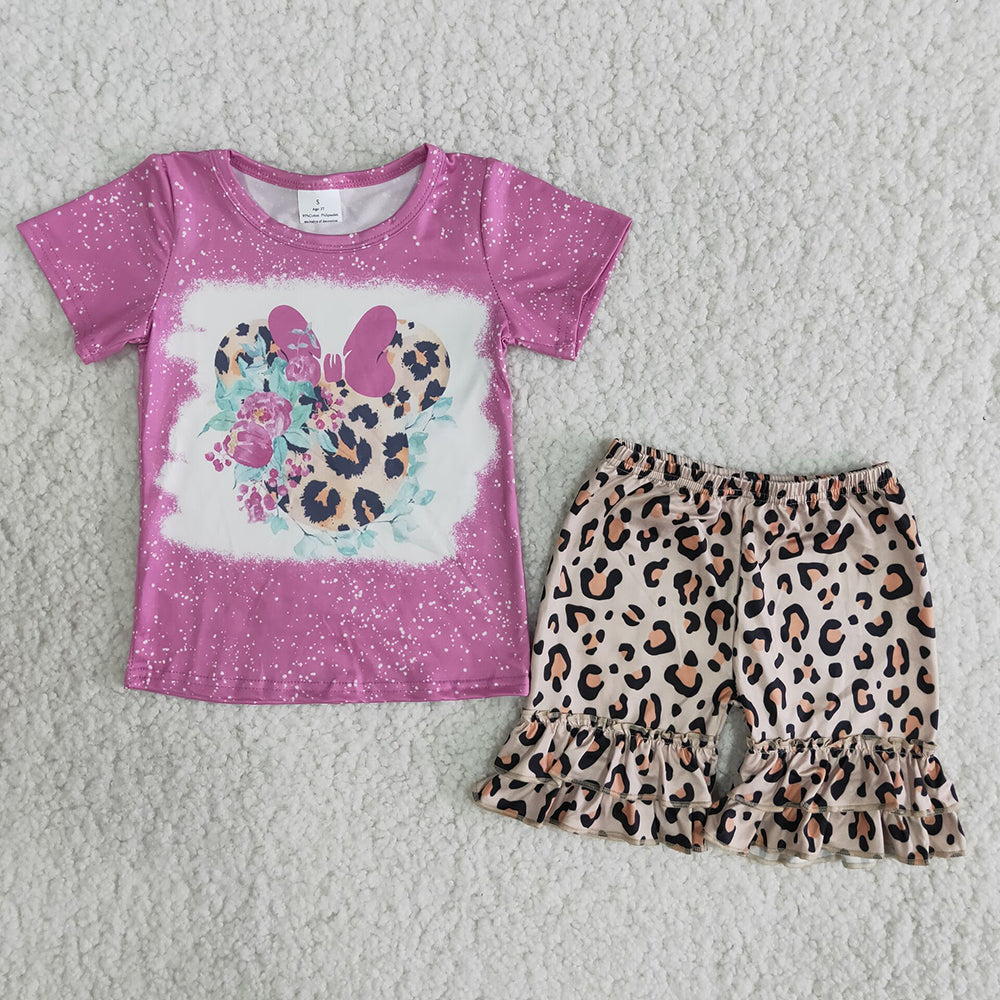 B7-24 Purple Bleach Cartoon Leopard Print Girls Short Sleeve Shorts Outfits