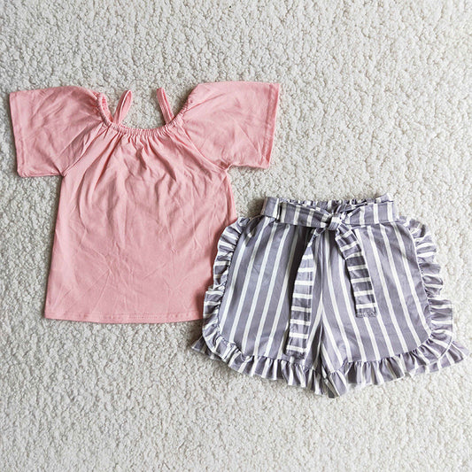 D7-28 Pink Grey Striped Girls Short Sleeve Shorts Outfits