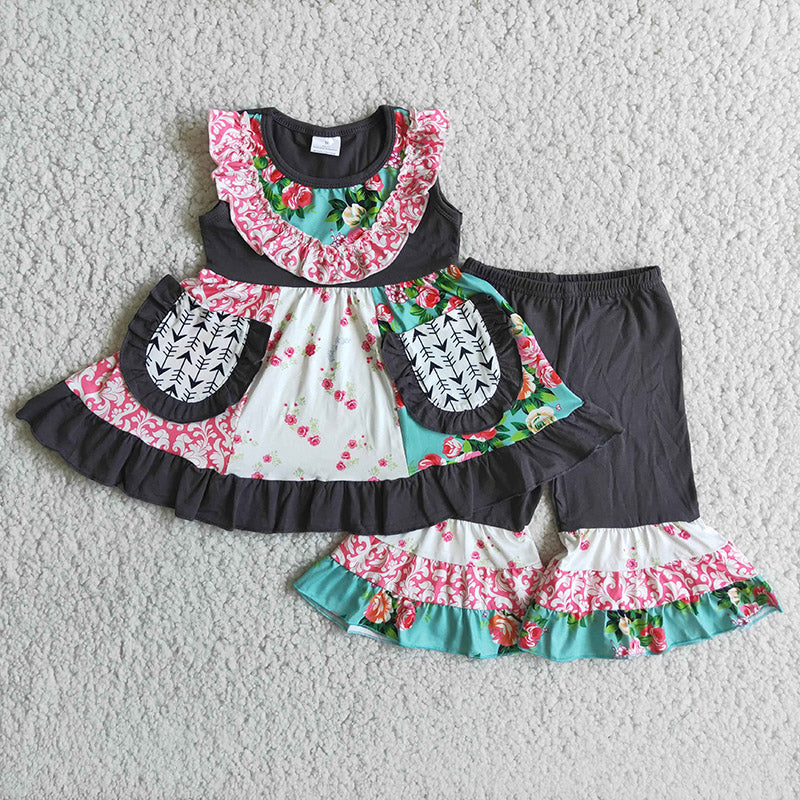 Black Pockets Sleeveless Floral Print Baby Girls Set