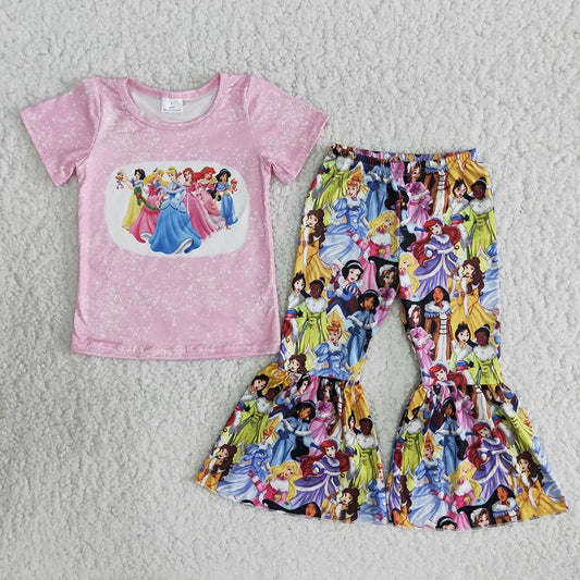 Clearance B7-22 Pink Bleach Princess Cartoon Girls Short Sleeve Pants Outfits