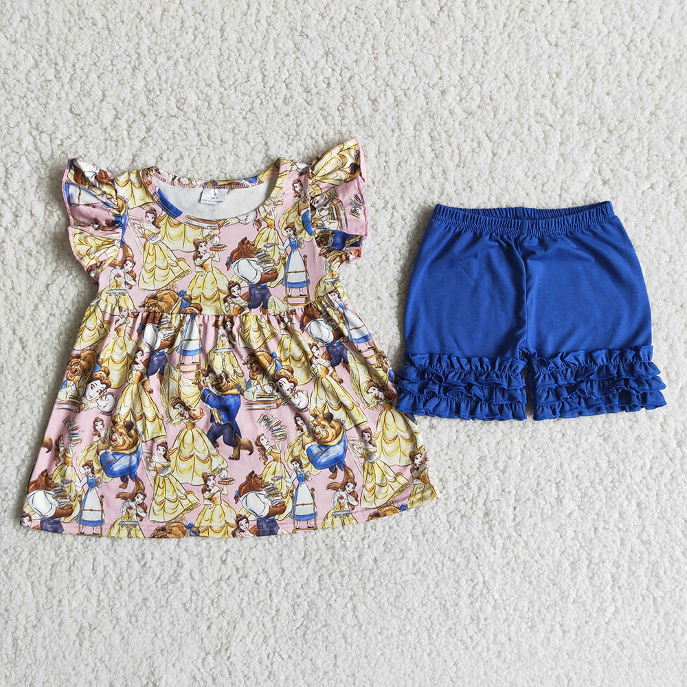 A3-15-1 Blue Yellow Princess Adorable Cartoon Girls Short Sleeve Shorts Outfits