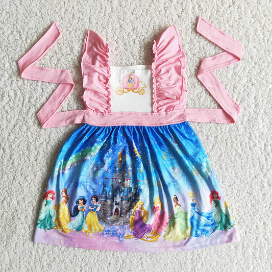 Clearance C3-13 Pink Princess Cartoon Belt Girls Flutter Sleeve Dresses