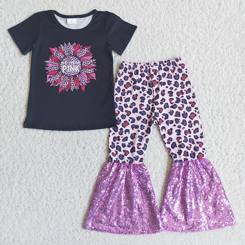 Clearance C4-21 Black Short Sleeve Sunflower Purple Leopard Print Sequin Girls Set