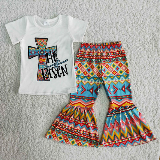 B11-15 Easter He is Risen Cross Aztec Style Girls Short Sleeve Bell Bottom Pants Outfits