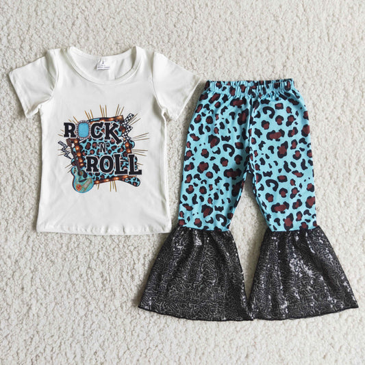 D4-15 Rock Guitar Music Blue Leopard Sequin Girls Short Sleeve Bell Bottom Pants Outfits