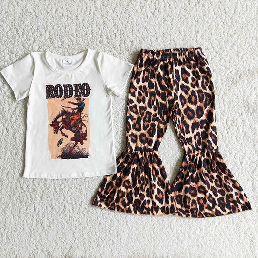 Clearance B8-13 Rodeo Cowboy Horses Leopard Girls Short Sleeve Bell Bottom Pants Outfits