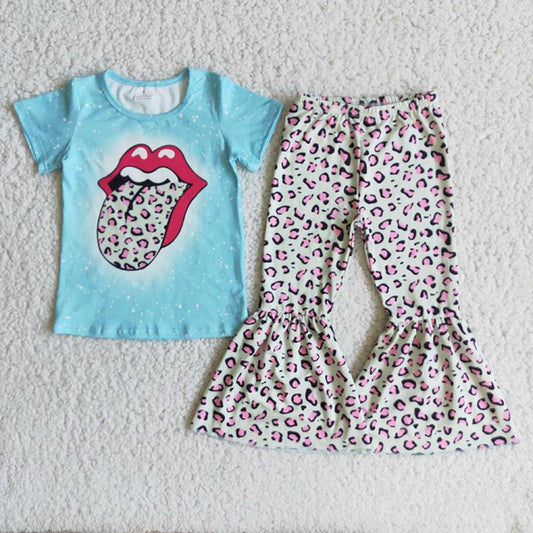 Blue Bleach Design Short Sleeve Leopard Print Pants Set