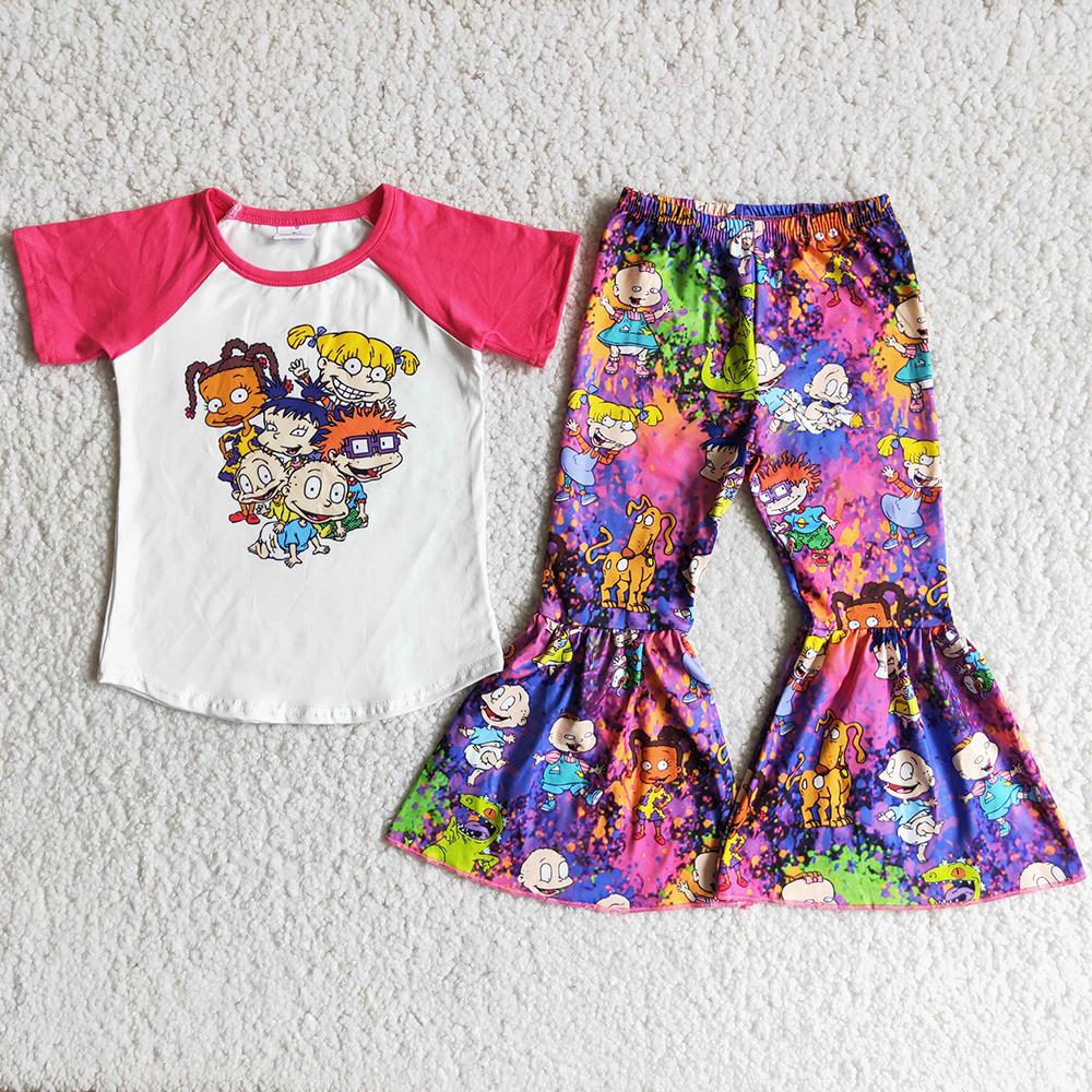 A2-3 Cartoon Hot Pink  Girls Short Sleeve Bell Bottom Pants Outfits