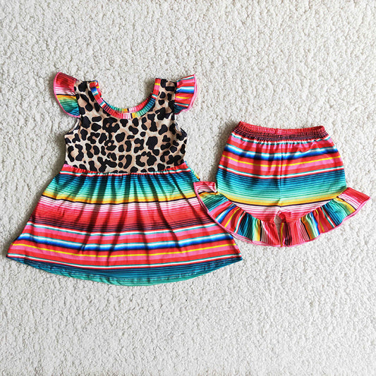 A1-3 Red Striped Leopard Girls Flutter Sleeve Shorts Outfits