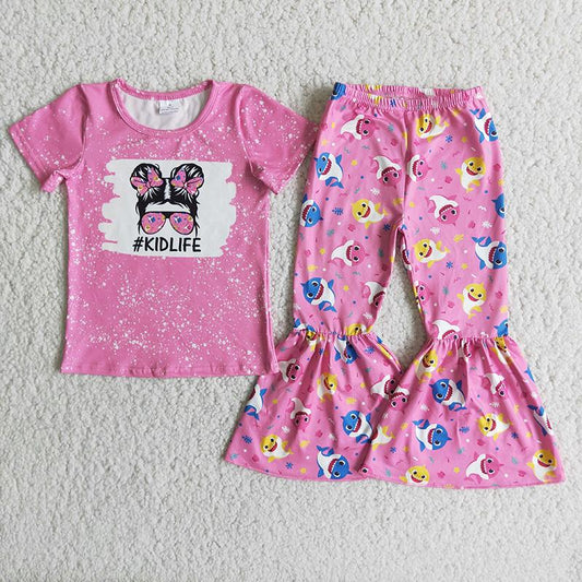 E2-14 Pink Kid Life Shark Cartoon Girls Short Sleeve Bell Bottom Pants Outfits