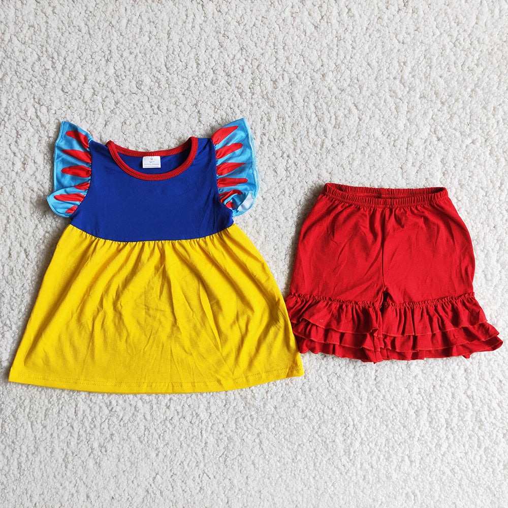 C8-23 Yellow Red Princess Cartoon Girls Flutter Sleeve Shorts Outfits