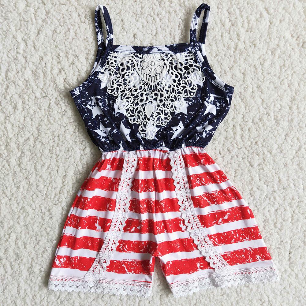 C6-10 4th Of July Lace Red Stripes Blue Starts Girls Jumpsuit