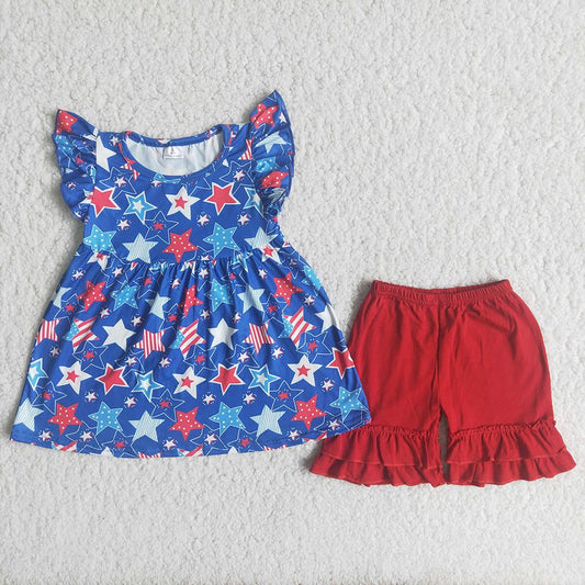 A15-21 4th Of July Flag Blue Stars Red Girls Flutter Sleeve Shorts Outfits