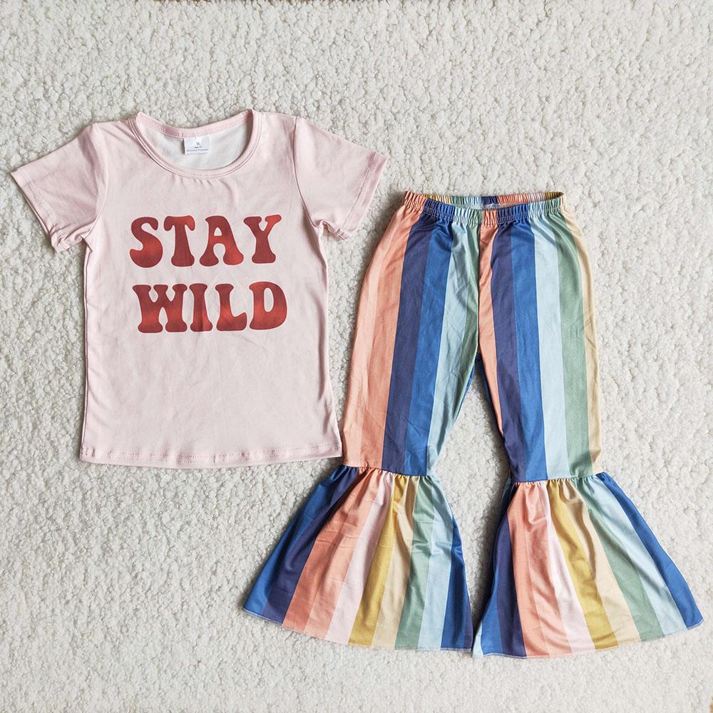 C11-3 Stay Wild Pink Striped Print Girls Short Sleeve Pants Outfits