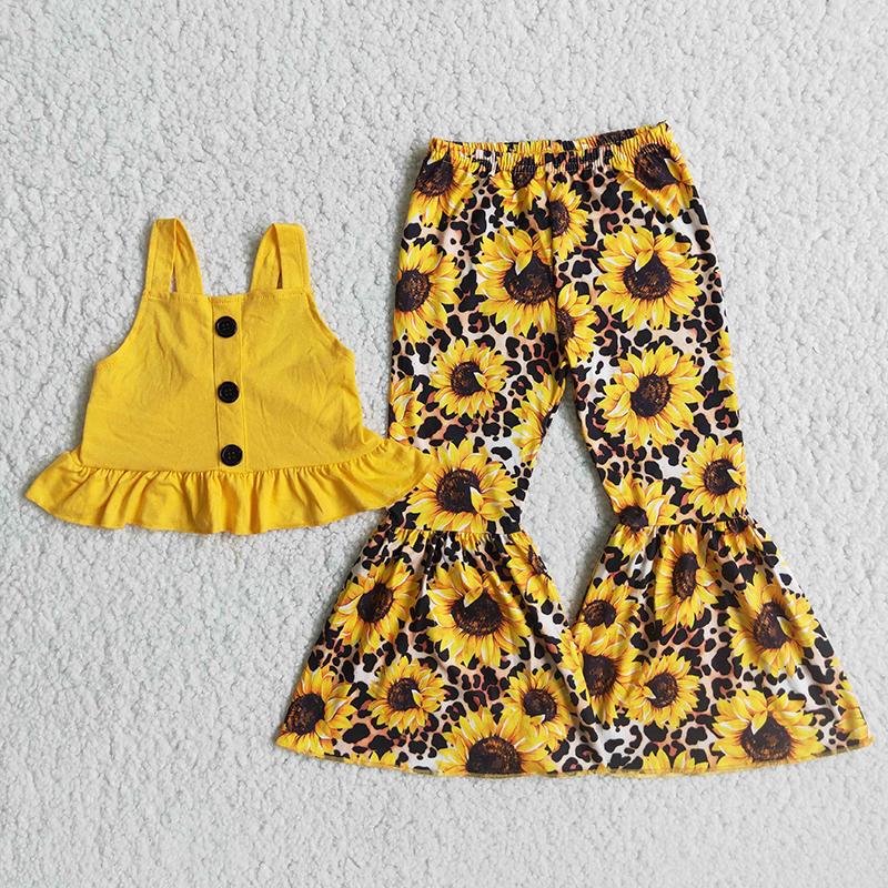 Clearance C8-22 Yellow Sunflower Leopard Girls Sleeveless Pants Outfits