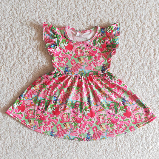 Strawberry Print Flutter Sleeve Girls Twirl Dress