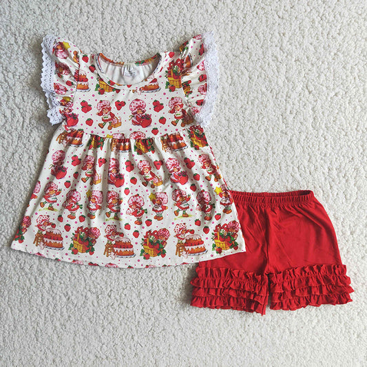 E2-16 Summer Red Strawberry Lace Girls Short Sleeve Shorts Outfits