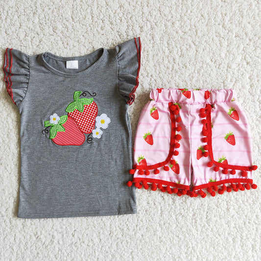 D8-27 Grey Embroidery Strawberry Summer Girls Short Sleeve Shorts Outfits