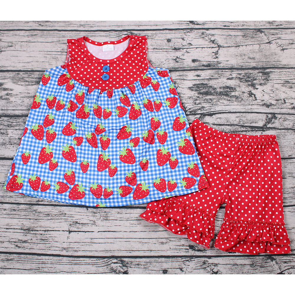 Strawberry Print Sleeveless Baby Girls Casual Outfits