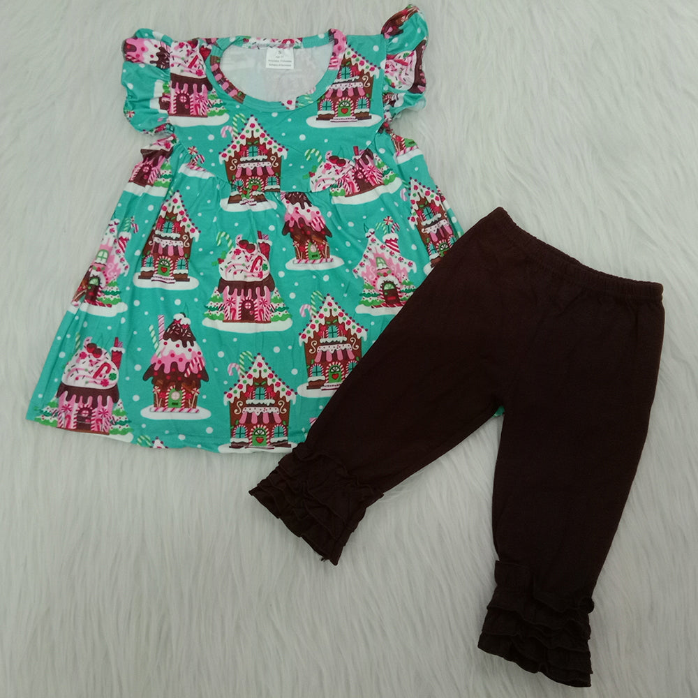 Christmas Flutter Sleeve Candy Black Pants Girls Outfits