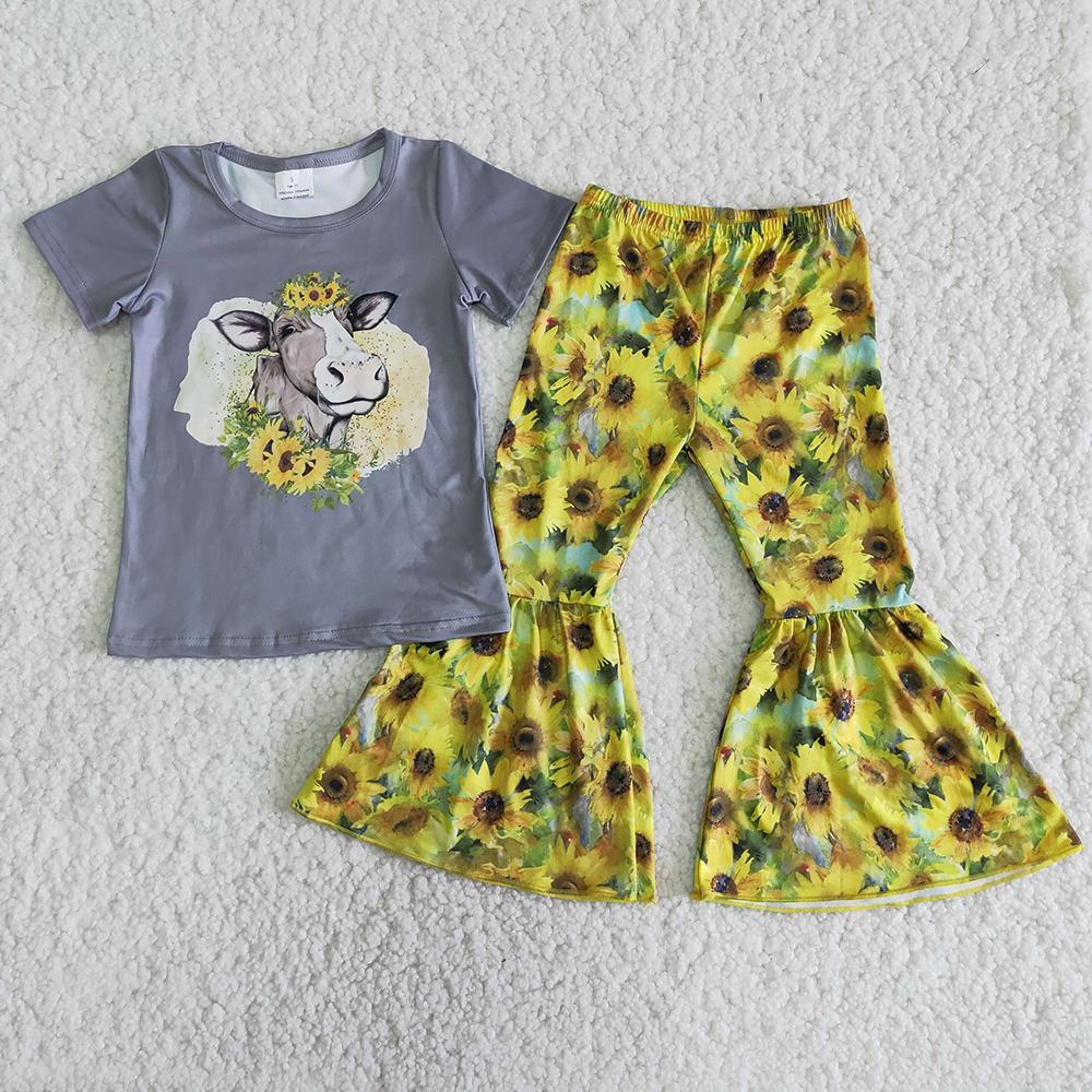 Clearance B9-15 Grey Yellow Cow Sunflower Girls Short Sleeve Bell Bottom Pants Outfits