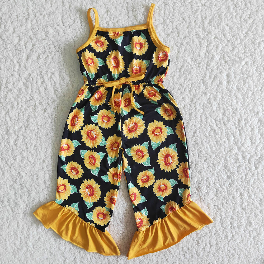 B14-22 Sunflower Print Summer Sleeveless Girls Jumpsuits