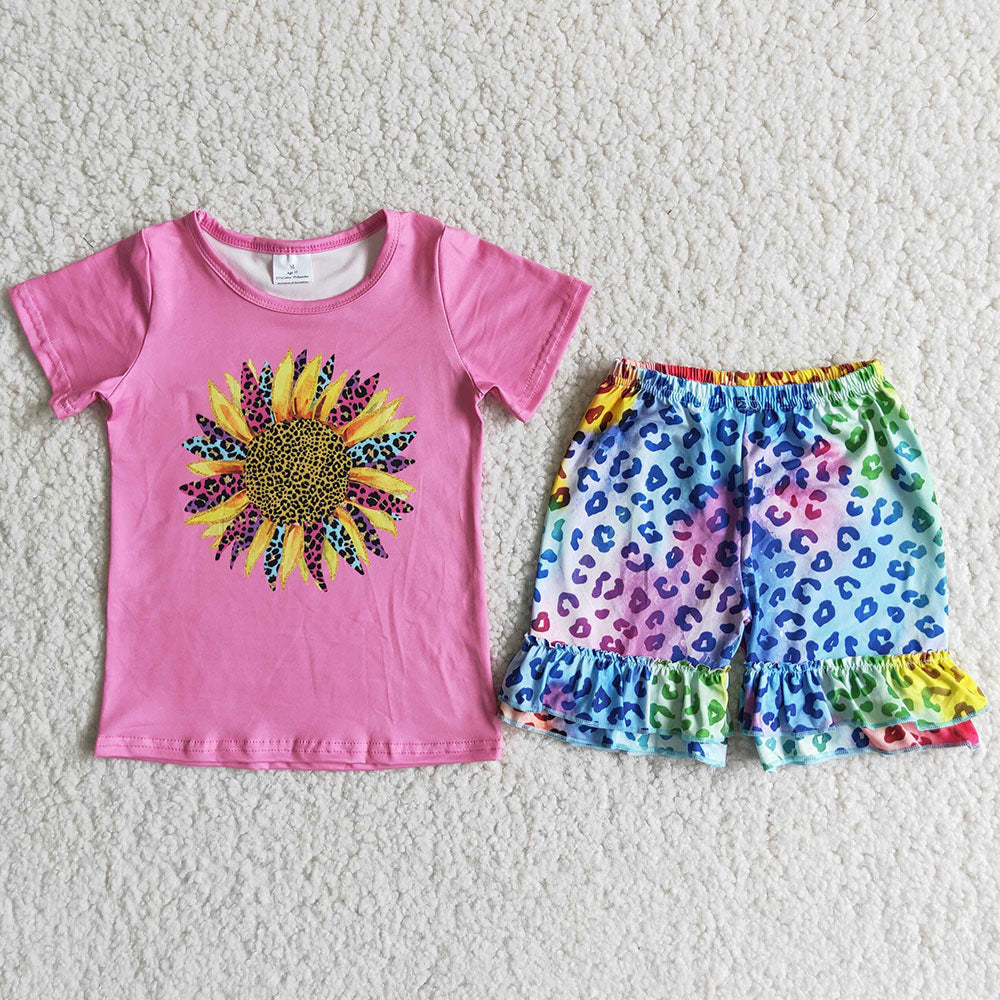 D11-11 Sunflower Hot Pink Leopard Print Girls Short Sleeve Shorts Outfits