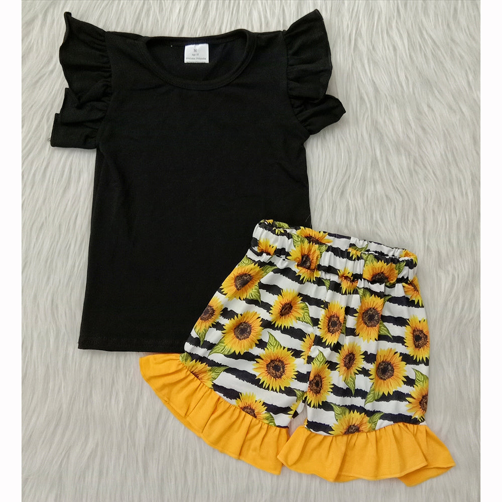 Clearance Black Flutter Sleeve Top Match Sunflower Shorts Girls Set