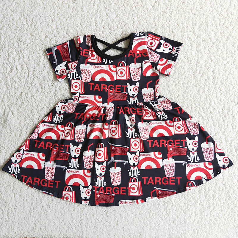 Clearance D6-15 Red Black Target Dog Cartoon Girls Short Sleeve Dresses