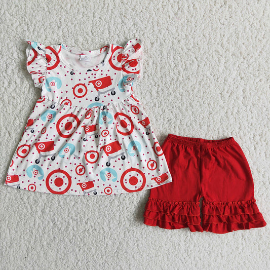 Clearance A7-14 Target Print Red Circle  Girls Short Sleeve Shorts Outfits