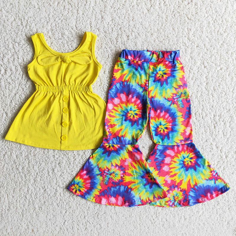 A17-24 Yellow Top Bow Match Tie Dye Girls Sleeveless Bell Bottom Pants Outfits