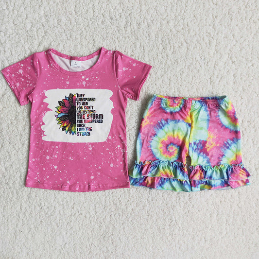 C14-40 Hot Pink Sunflower Tie Dye Girls Short Sleeve Shorts Outfits